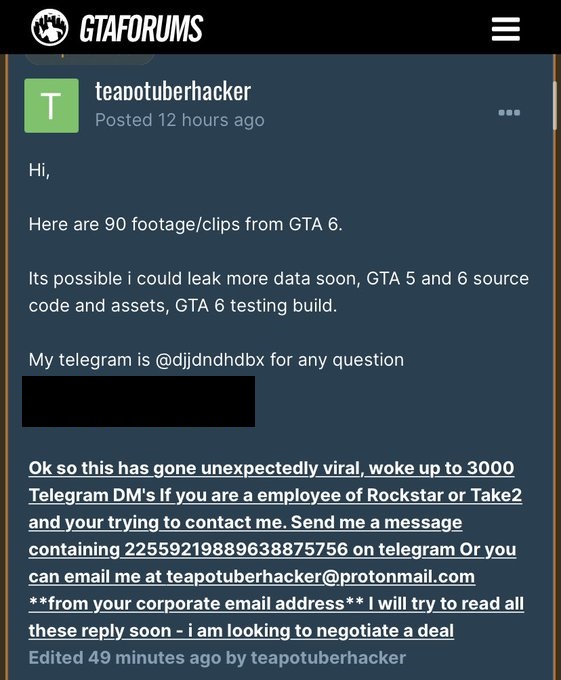 post sobre hackeo GTA 6 / 