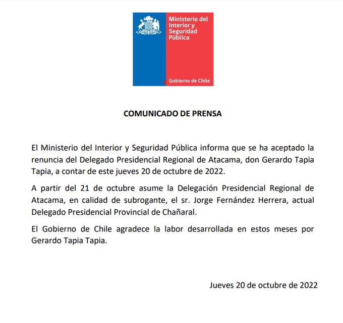  / Gobierno acepta la renuncia del Delegado Presidencial Regional de Atacama Gerardo Tapia Tapia
