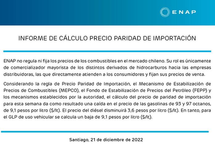 ENAP / Reporte de ENAP para este jueves 22 de diciembre sobre el precio de los combustibles en Chile. 