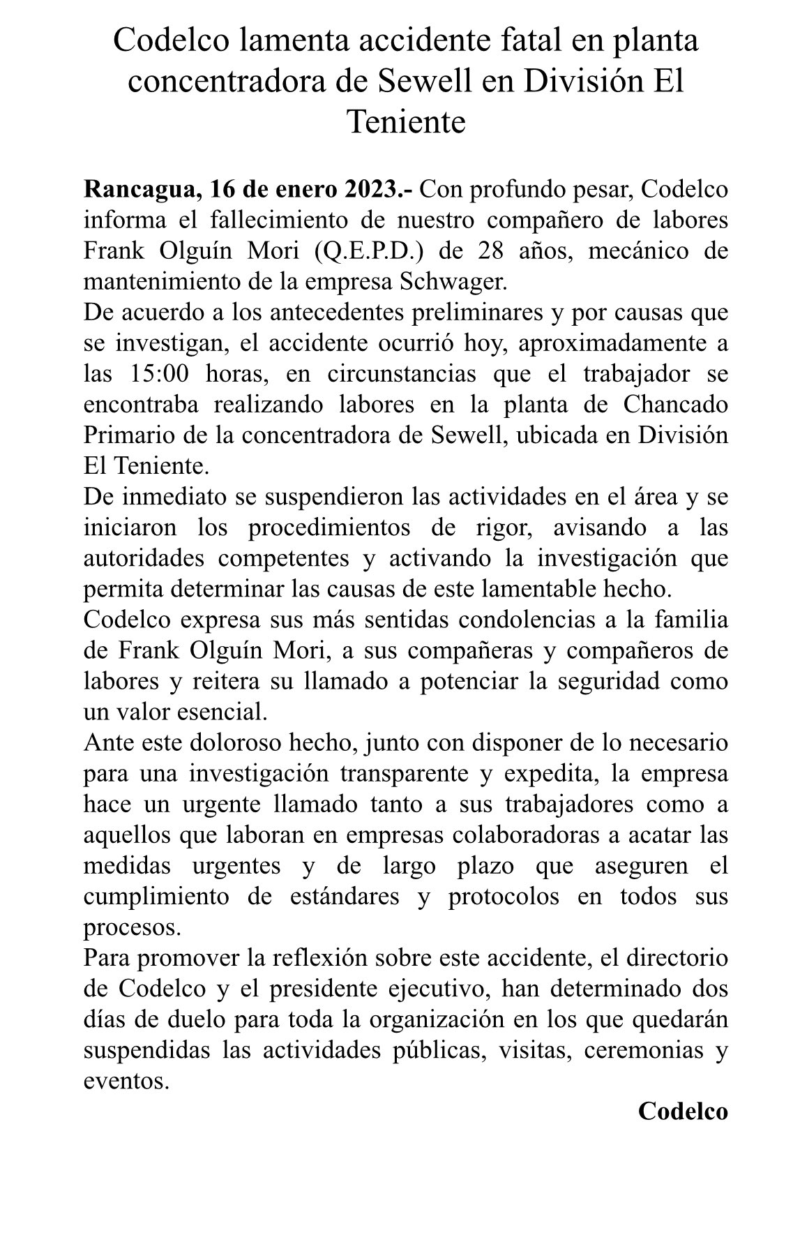 Codelco / Declaración de Codelco por fatal accidente en división El Teniente.