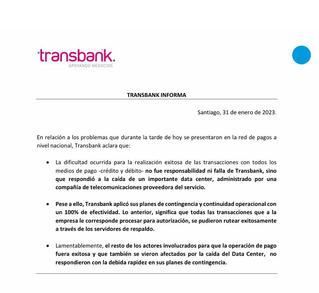 Aclaración Transbank / Aclaración Transbank por caída de sistema. 