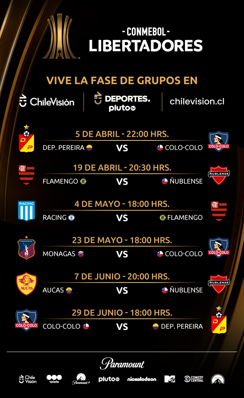 Copa Libertadores / Estos son los partidos que transmitirá Chilevisión