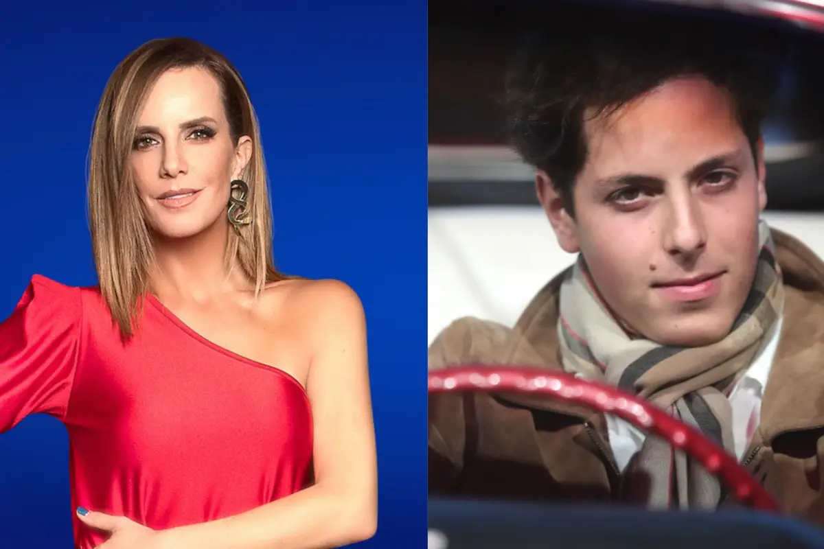 Diana Bolocco con un vestido rojo y Máximo Menem con una chaqueta marrón