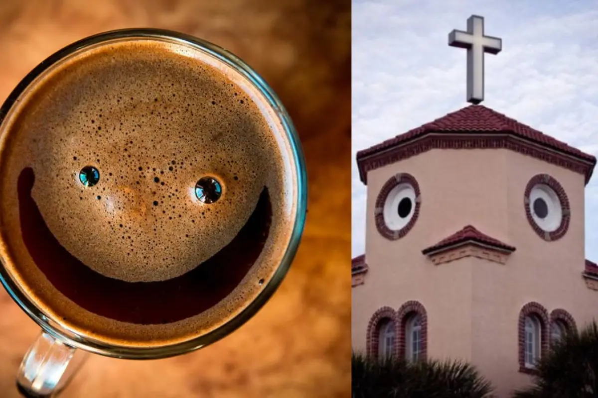 una taza de café con la forma de una cara en la espua y una iglesia con cara de pajaro