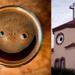una taza de café con la forma de una cara en la espua y una iglesia con cara de pajaro