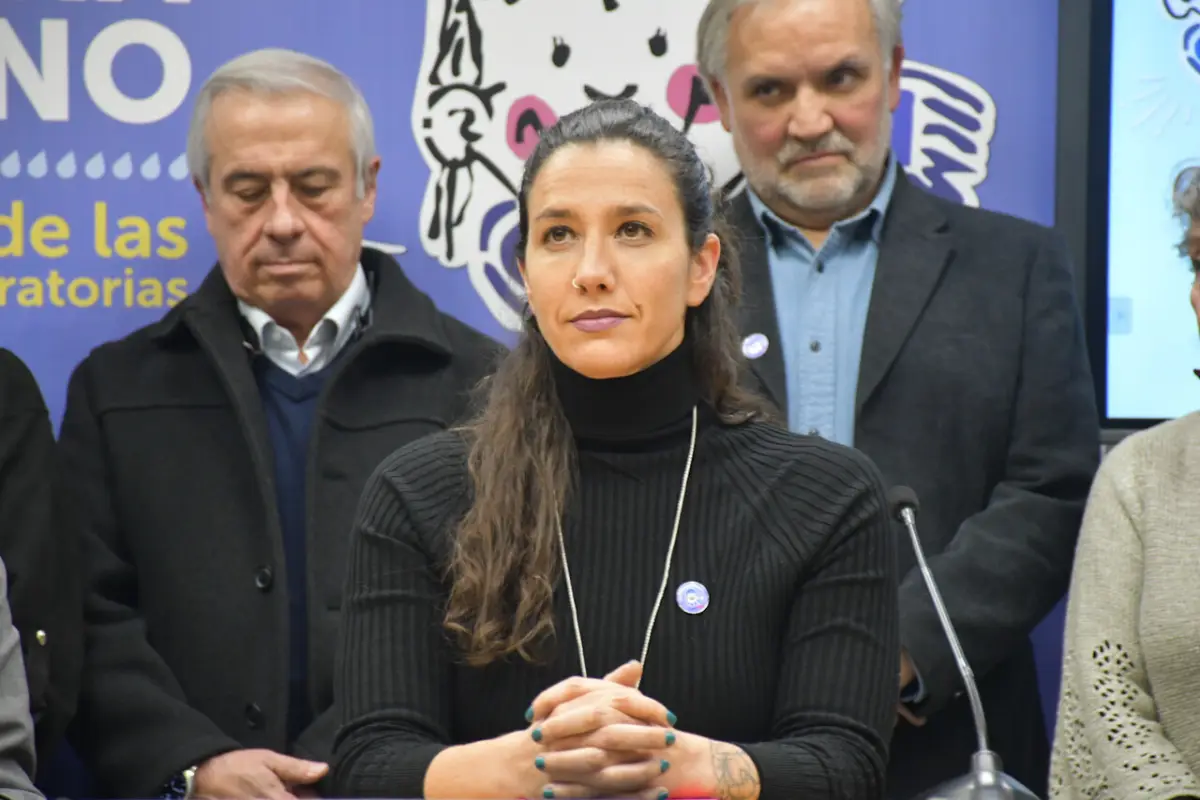 Andrea Albagli sentada en una mesa frente a un grupo de personas
