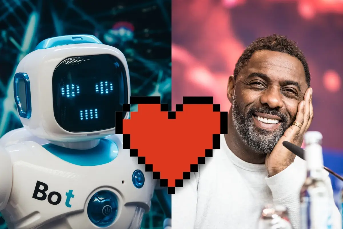 Un hombre (Idris Elba) sentado junto a un robot conversacional con un corazón en medio