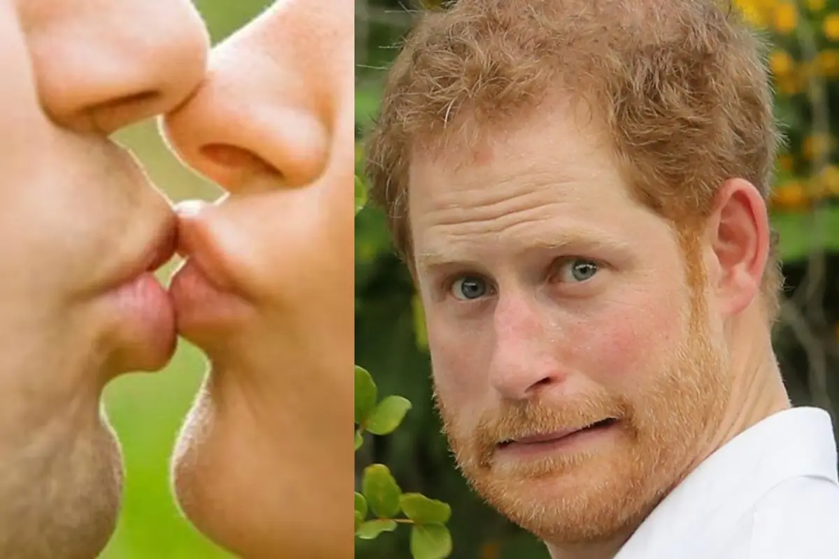 dos labios besándose y una foto del príncipe harry haciendo un gesto de verguenza