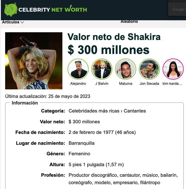 captura de pantalla del sitio celebritynetworth donde se aprecia la fortuna de shakira / 