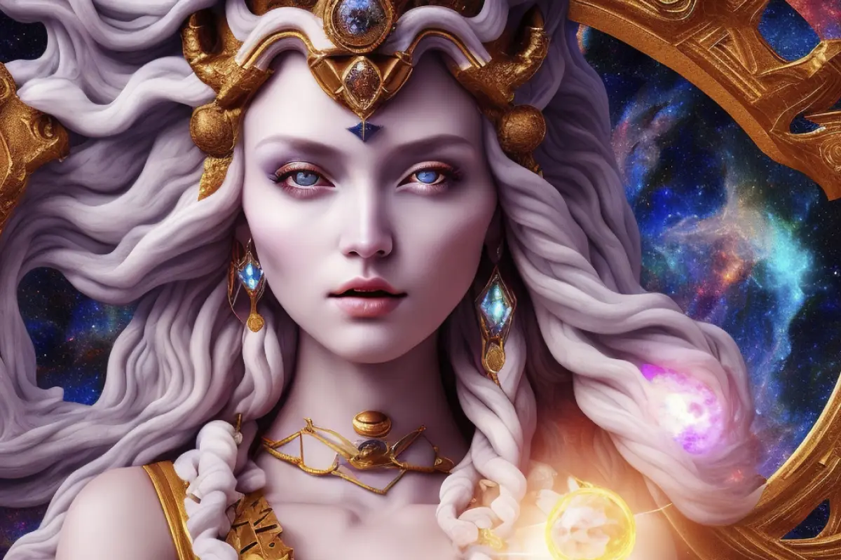 una pintura digital de una mujer con cabello blanco que simboliza la astrología y el horóscopo