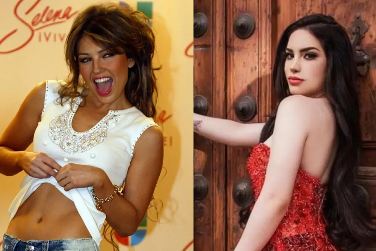 thalia mostrando su cintura y kimberly laoiza posand con vestido rojo