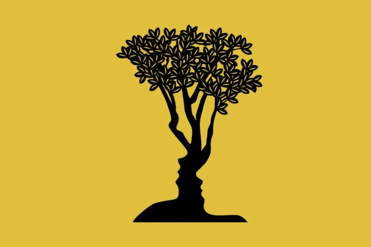 una ilustración tipo Gestalt dede un árbol que también forma caras, sobre un fondo amarillo