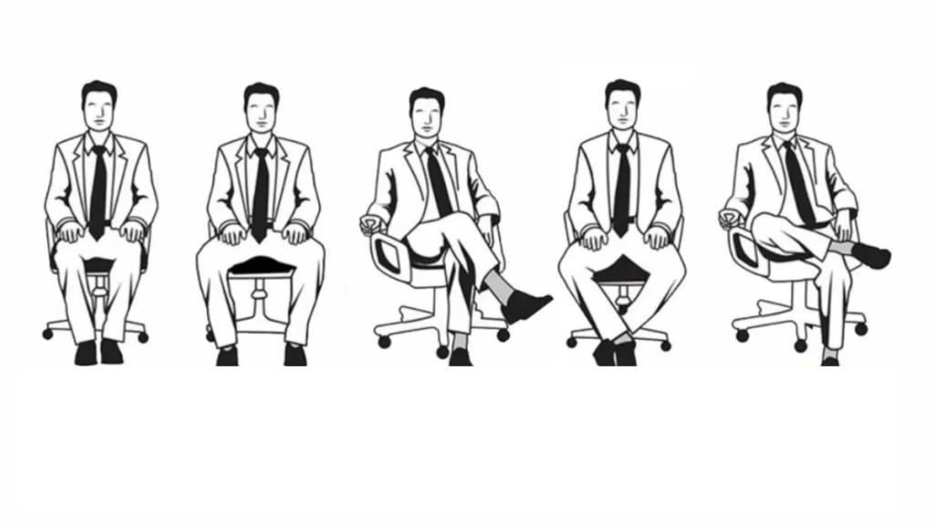 dibujos lineales en blanco y negro de hombres sentados con distintas posturas / 