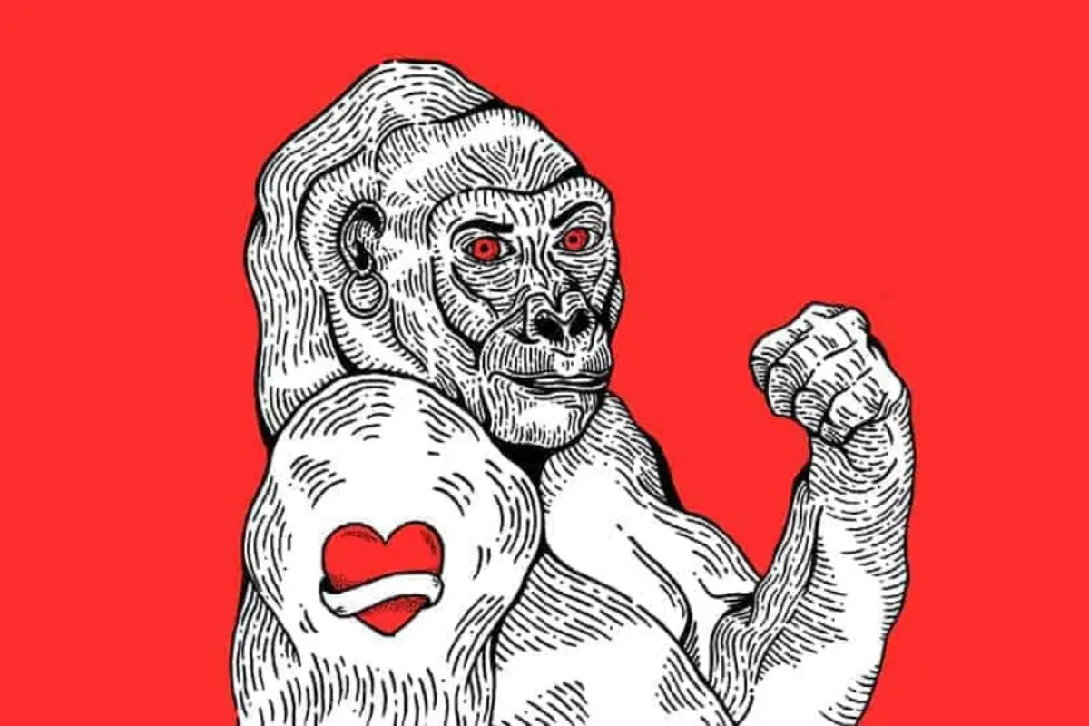 una gorila con tatuaje sobre un fondo rojo, detalle de la portada del libro Teoría King Kong de la escritora Virginie Despentes