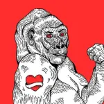 una gorila con tatuaje sobre un fondo rojo, detalle de la portada del libro Teoría King Kong de la escritora Virginie Despentes