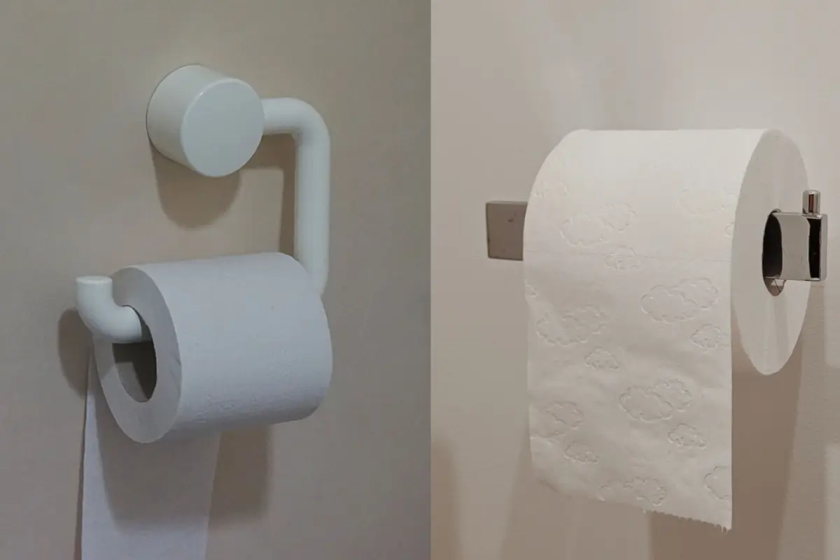 dos imagenes de papel higiénico en foto dividida, a un lado hacia arriba y en el otro hacia abajo