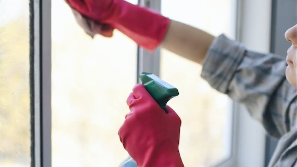 una mujer usando un limpia vidrios para dejar impecable su ventana / 