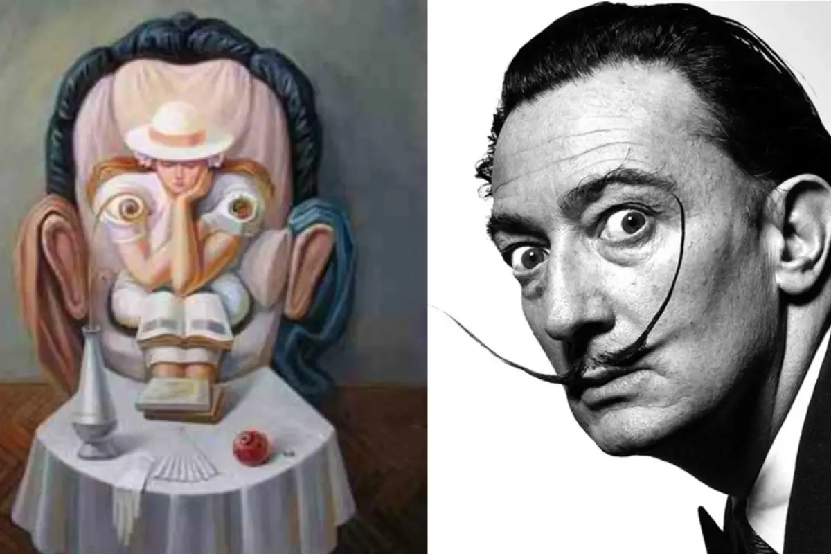 dos fotos, una ilustración que forma una cara con objetos y la cara de salvador dalí, para el test de personalidad
