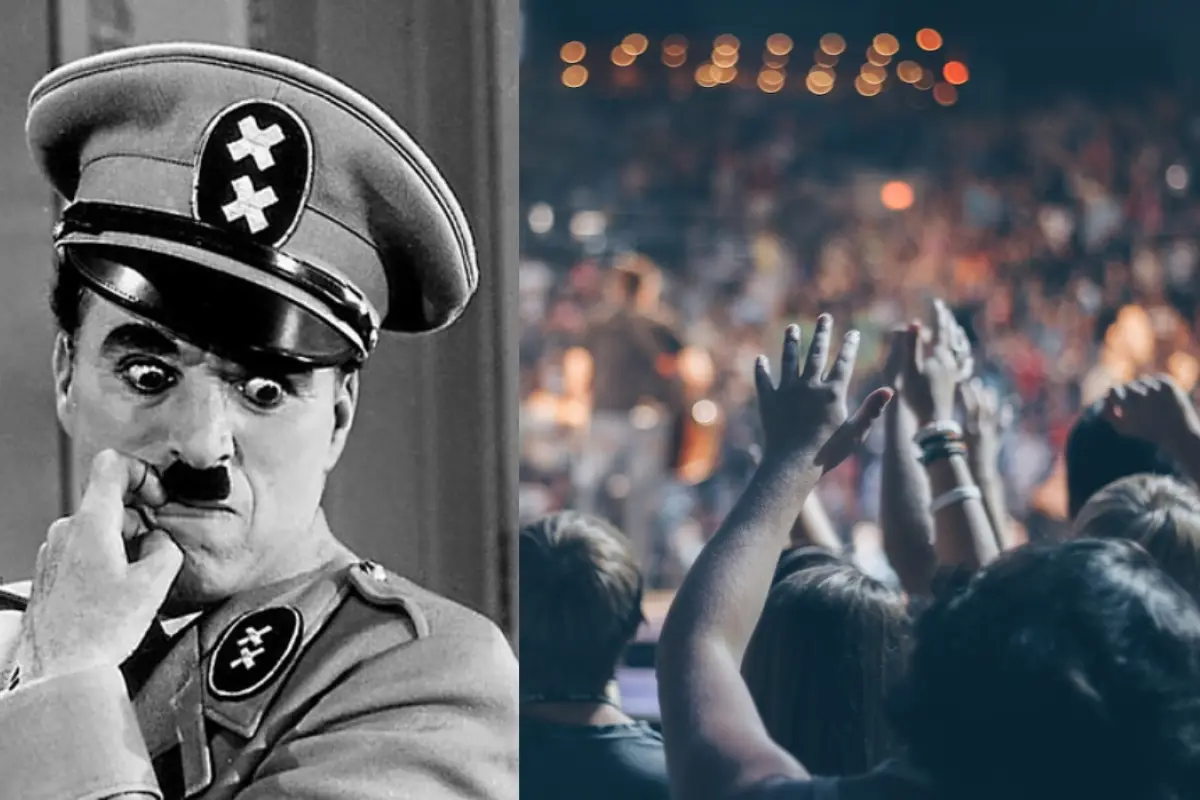 una foto de chaplin en su papel de el gran dictador y una multitud para ejemplicifcar el sindrome de abdicación