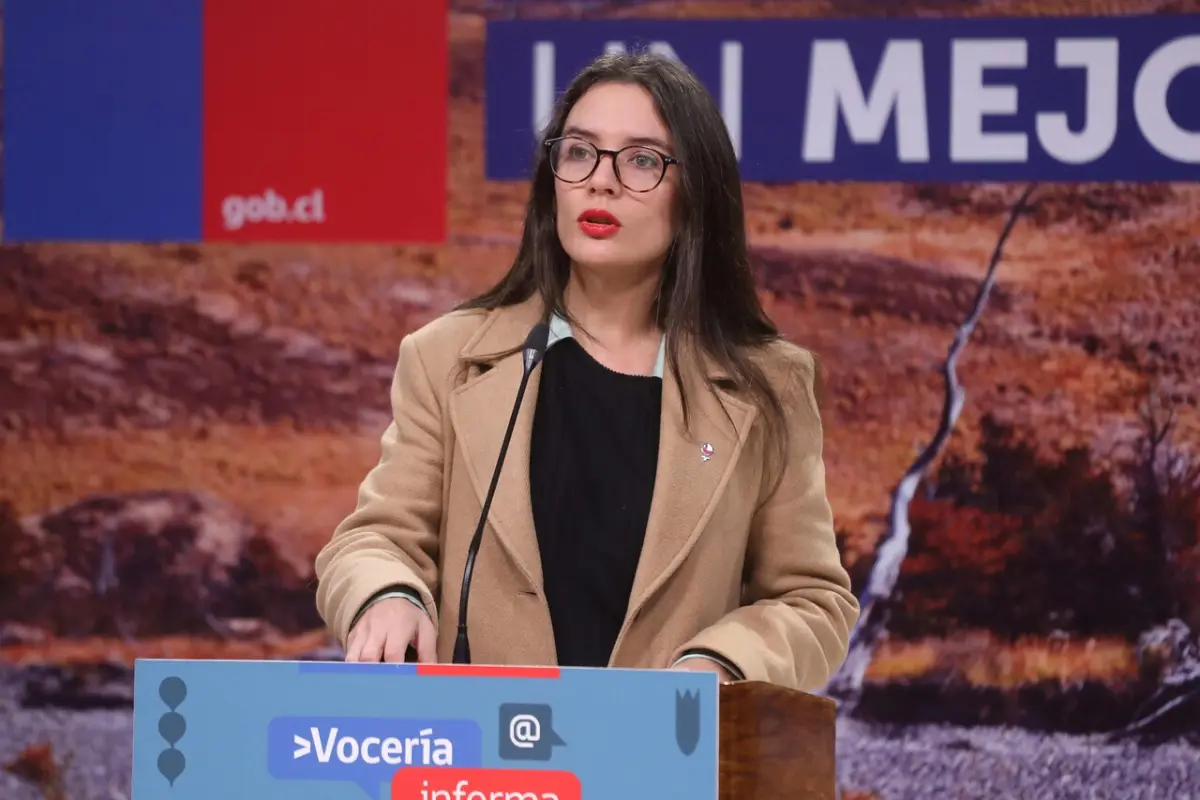 Camila Vallejo con un blazer café frente a un micrófono