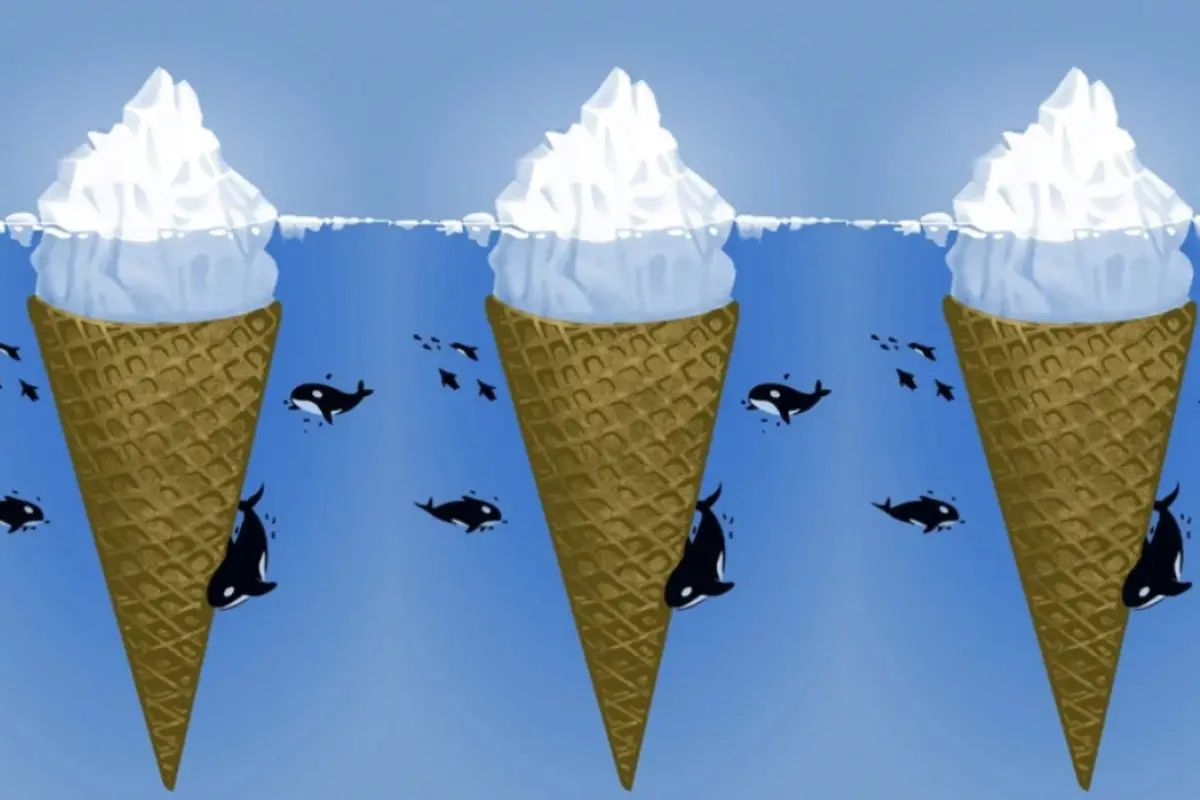 una imagen formada con un cono de helado, un iceberg y orcas nadando alrededor