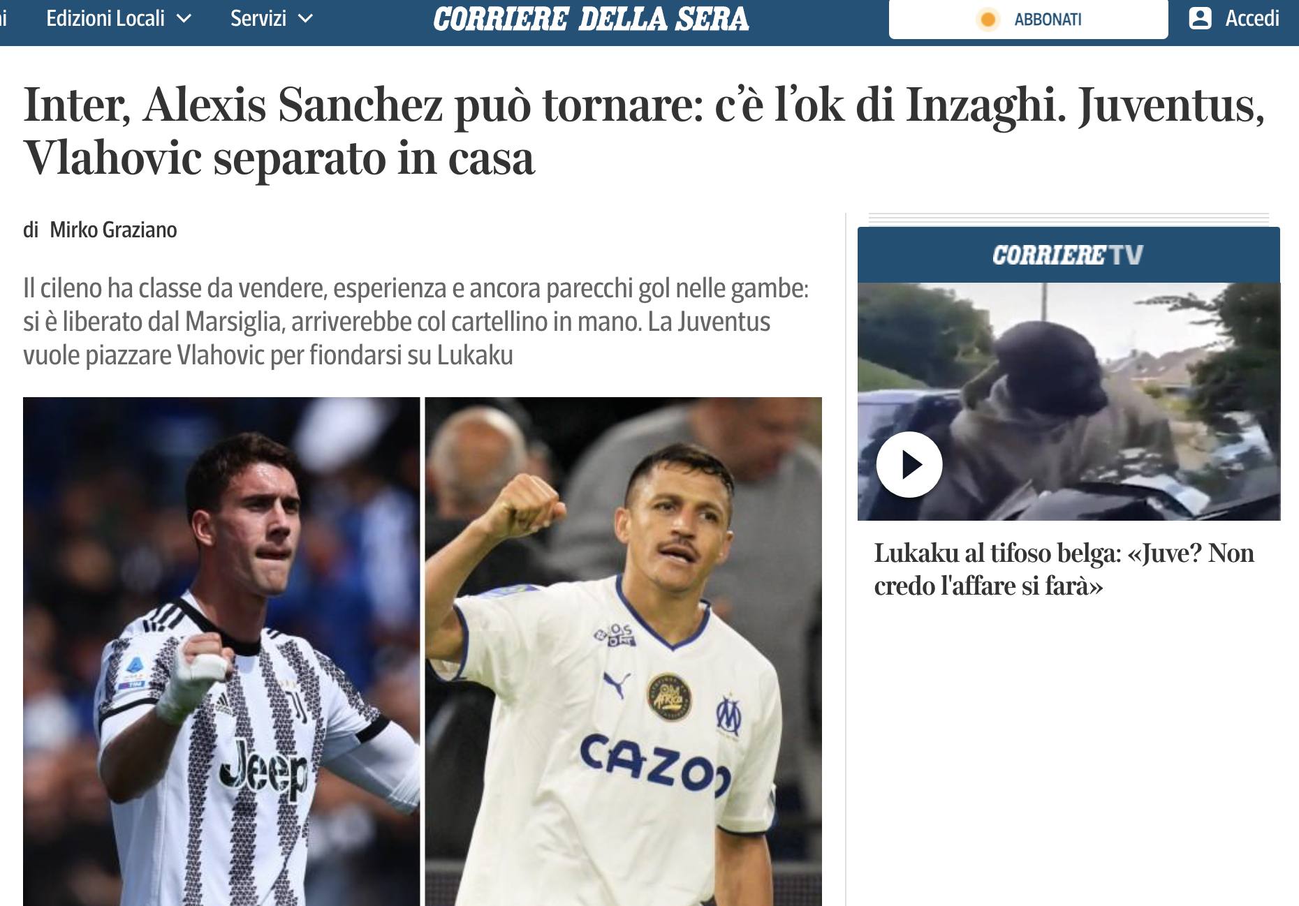 captura de Corriere della Sera sobre Alexis Sánchez / 