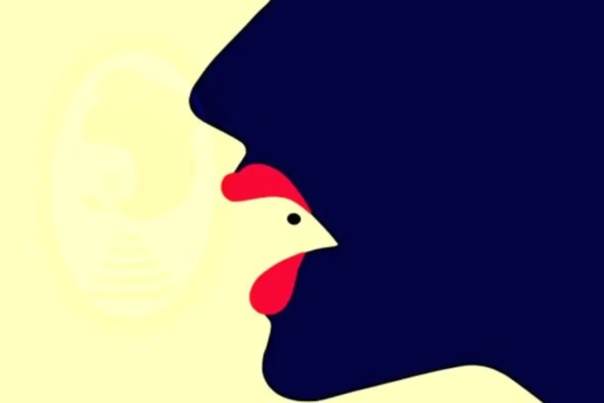 una ilustración amarilla y azul donde se puede ver un pollo o una silueta de labios