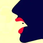 una ilustración amarilla y azul donde se puede ver un pollo o una silueta de labios