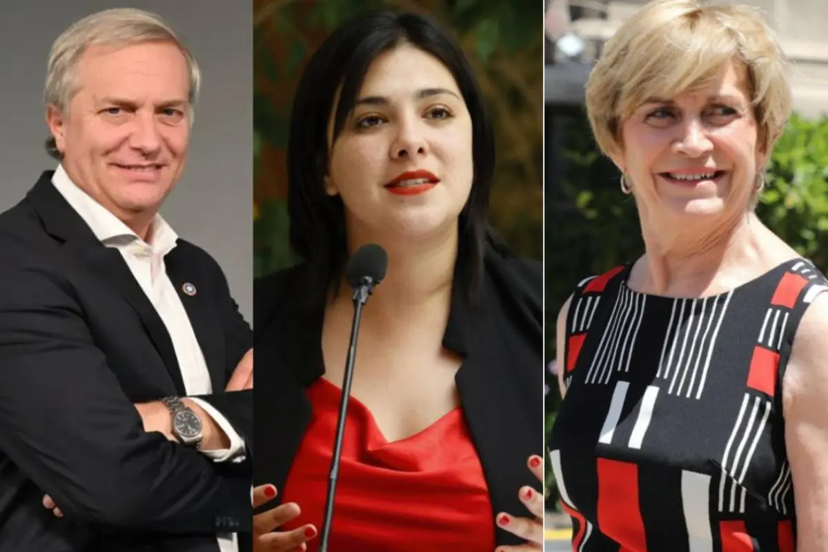 primer plano del rostro de Karol Cariola, José Antonio Kast y Evelyn Matthei