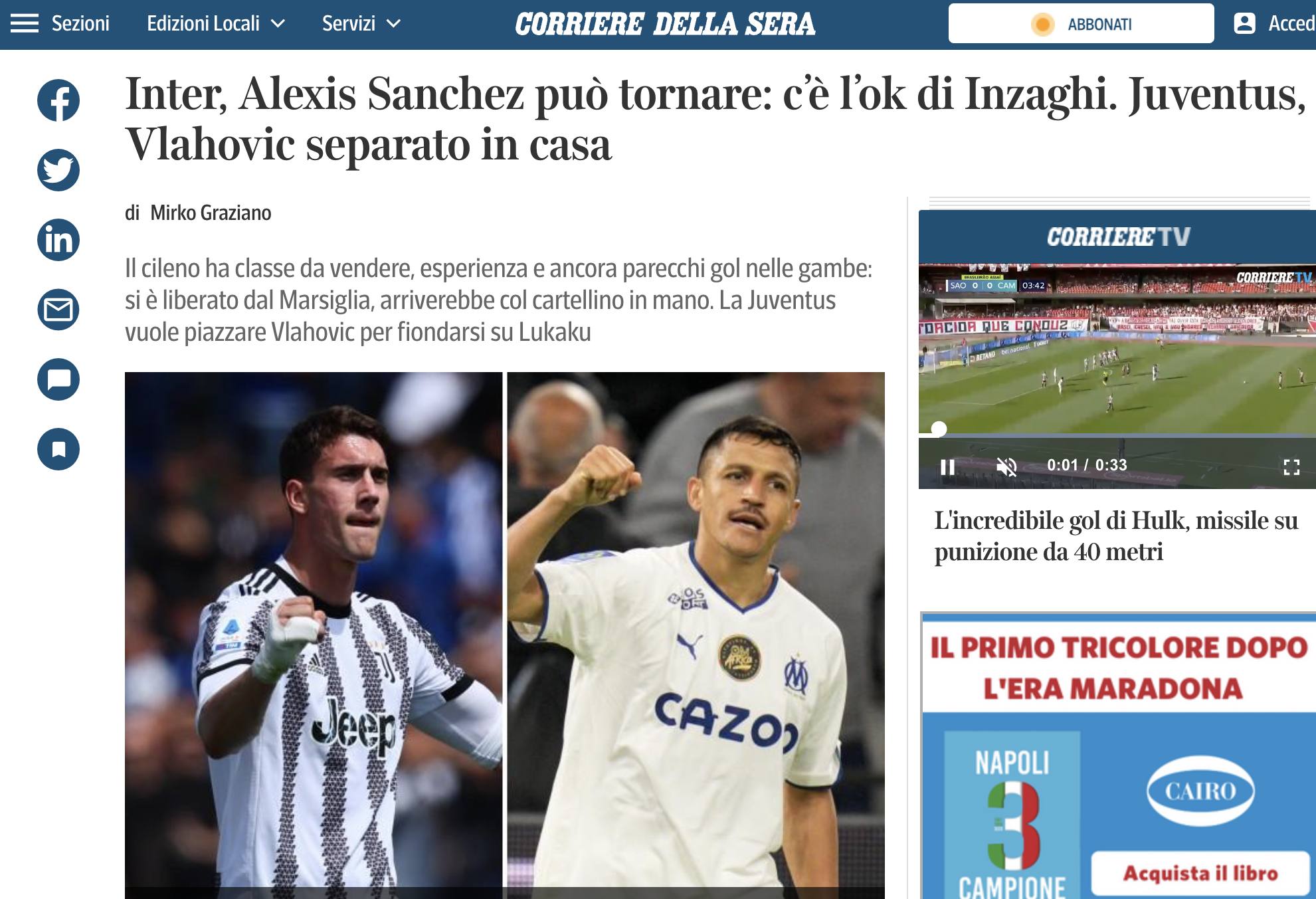 captura del medio Corriere della Sera sobre Alexis Sánchez / 