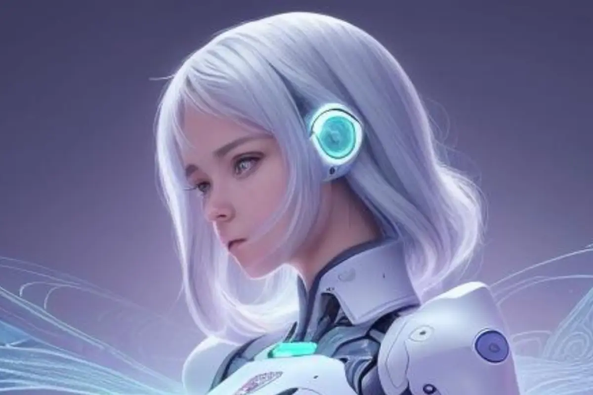 una mujer con cabello blanco y una luz azul en la cabeza