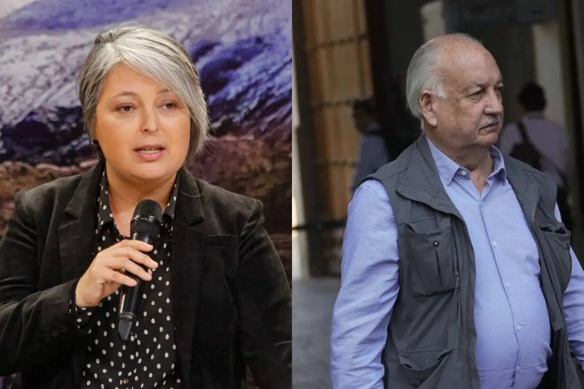 Ministra Jara frente a un micrófono y Guillermo Teillier mirando hacia un costado