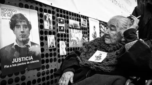 Ana González de Recabarren mirando una foto de Rodrigo Rojas De Negri