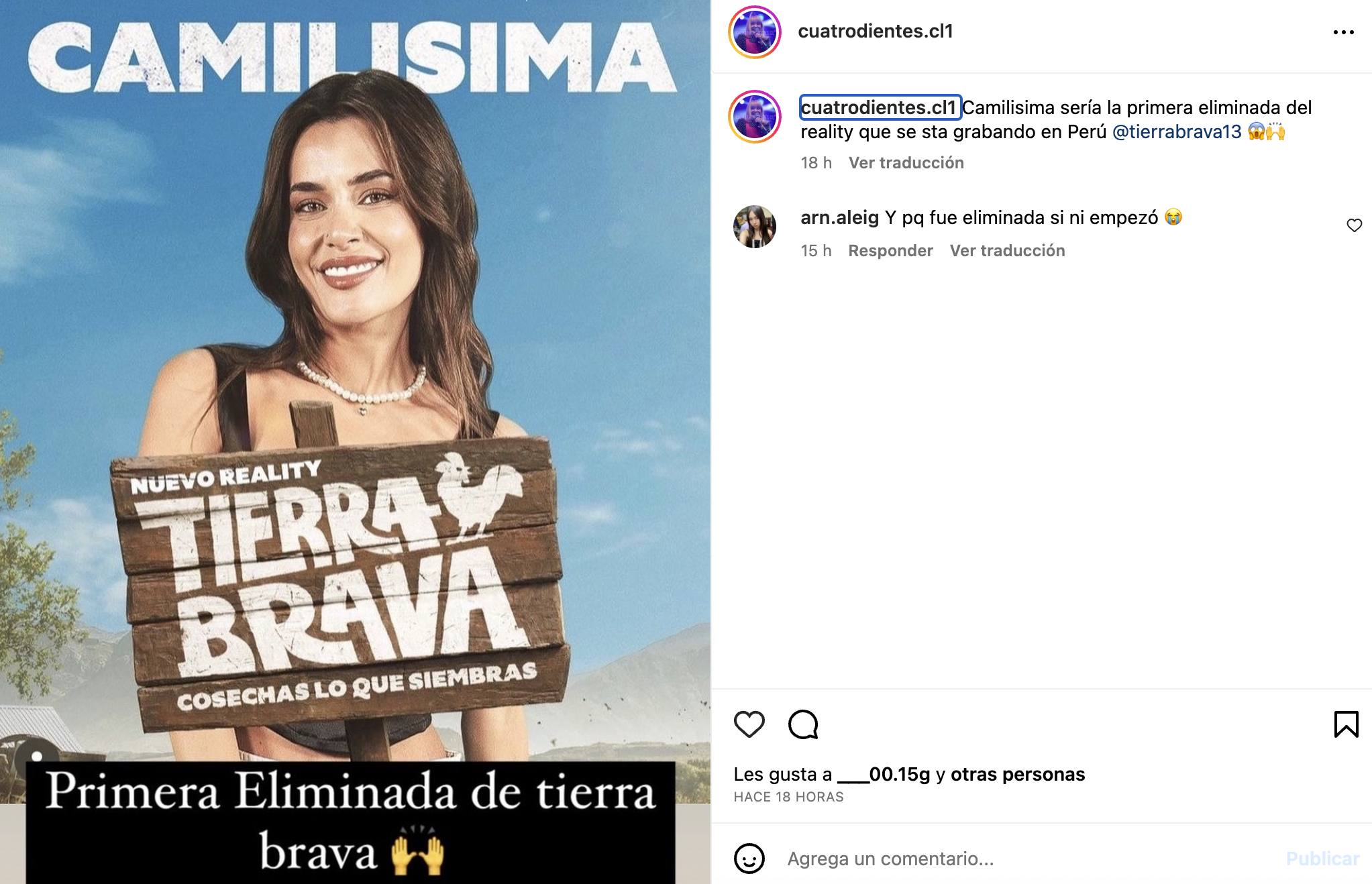captura de Instagram donde se da por eliminada a Camila López de Tierra Brava / 