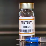 Fentanyl drug and syringe on black table with reflections and stainless background.,  