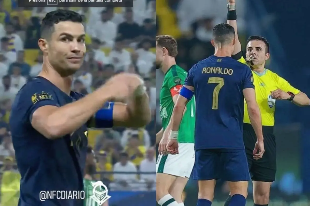 árbitro Piero Maza mostrándole tarejeta amarilla a Cristiano Ronaldo