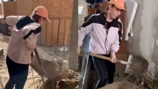 diputada Catalina Pérez ayudando con una pala en una construcción
