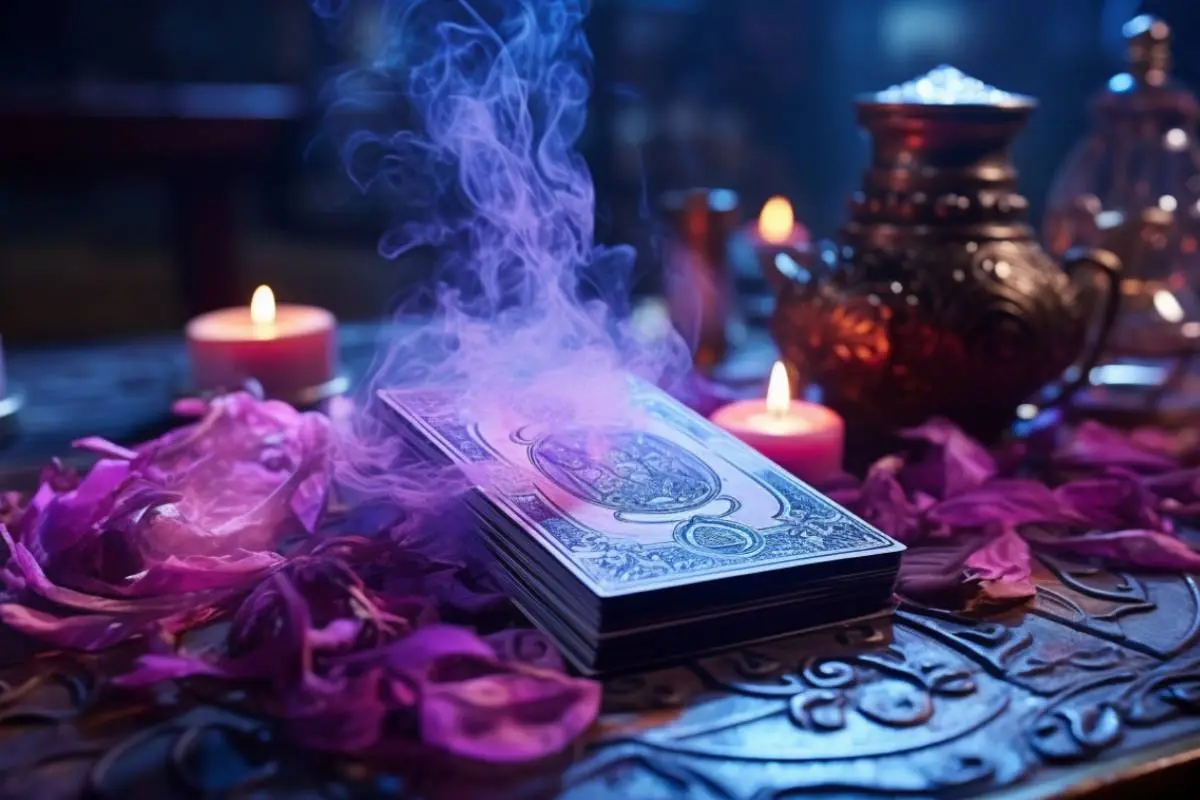 cartas de tarot sobre una mesa con humo de incienso