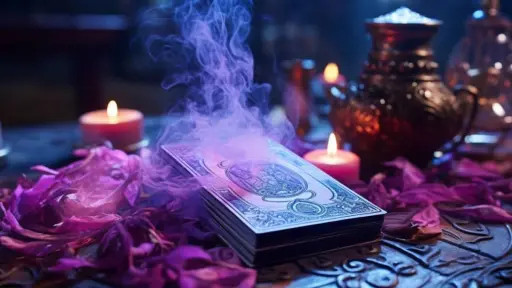 cartas de tarot sobre una mesa con humo de incienso