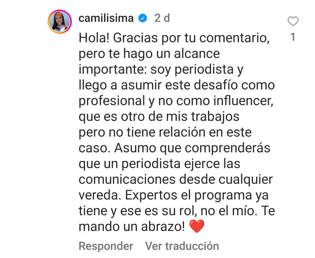 Publicación de Camila Campos - redes sociales 