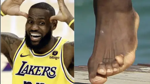 rostro de LeBron James y primer plano de su pie