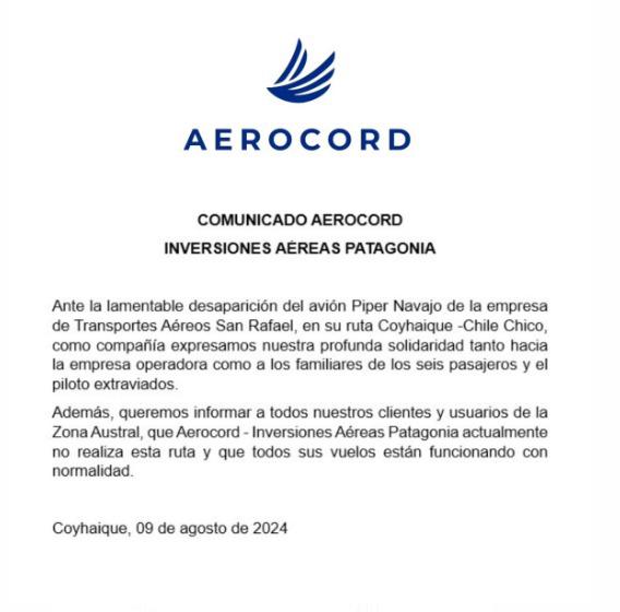 Comunicado Aerocord sobre avioneta siniestrada en la Región de Aysén - Cedida