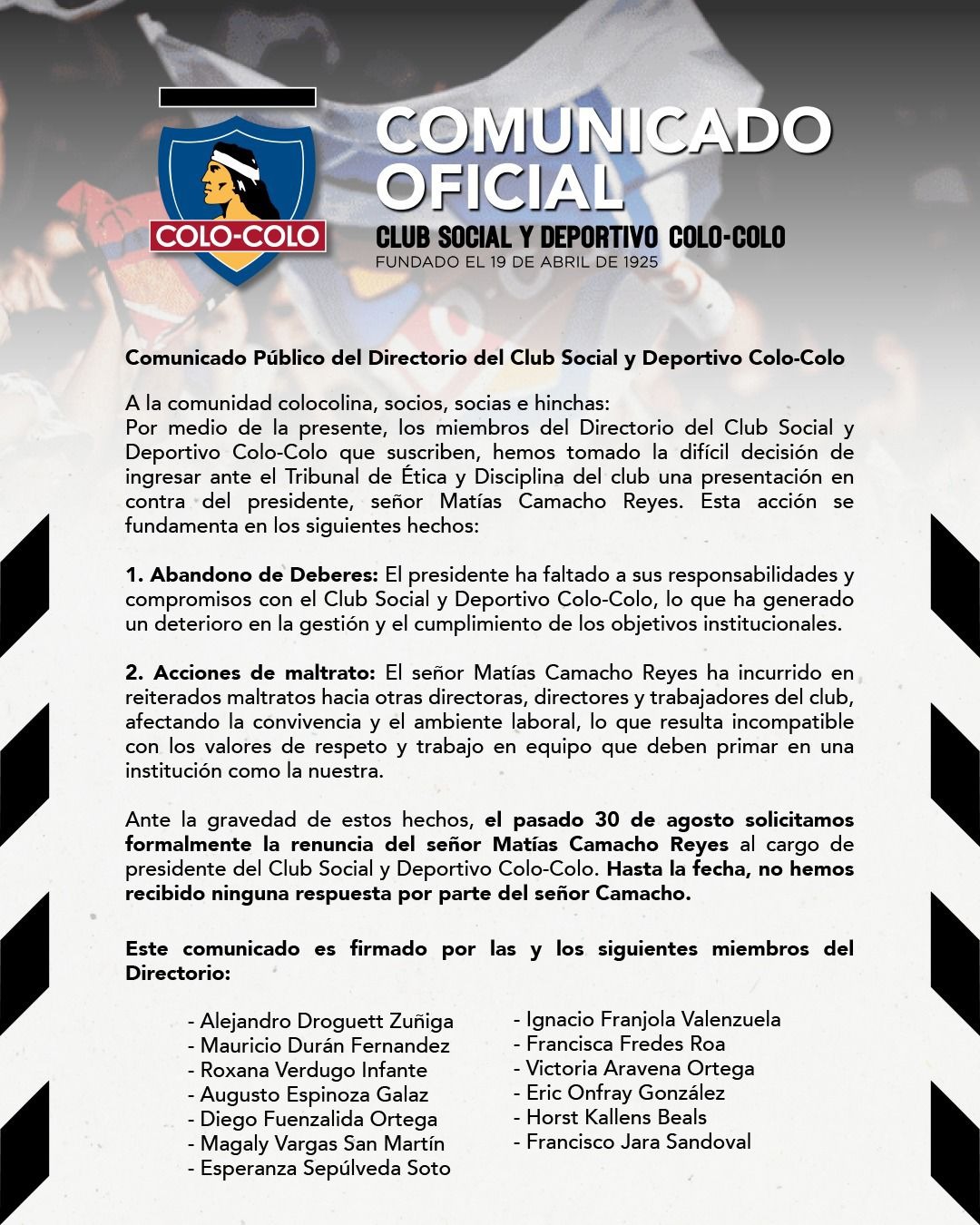 Comunicado del CSD Colo Colo - Redes sociales