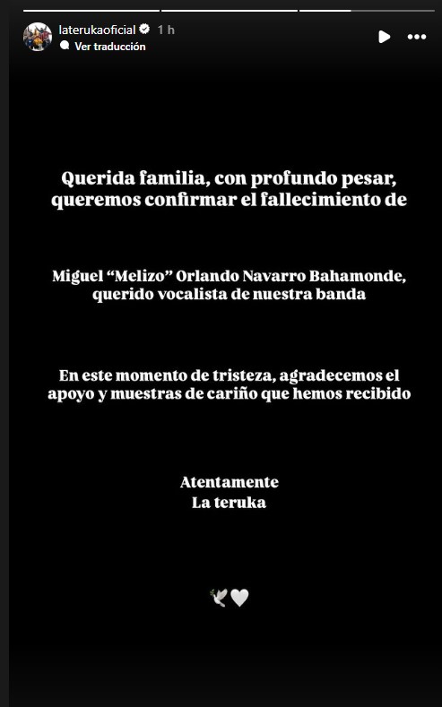 Confirman muerte de vocalista de banda de cumbia nacional, La Teruka - La Teruka | Instagram 