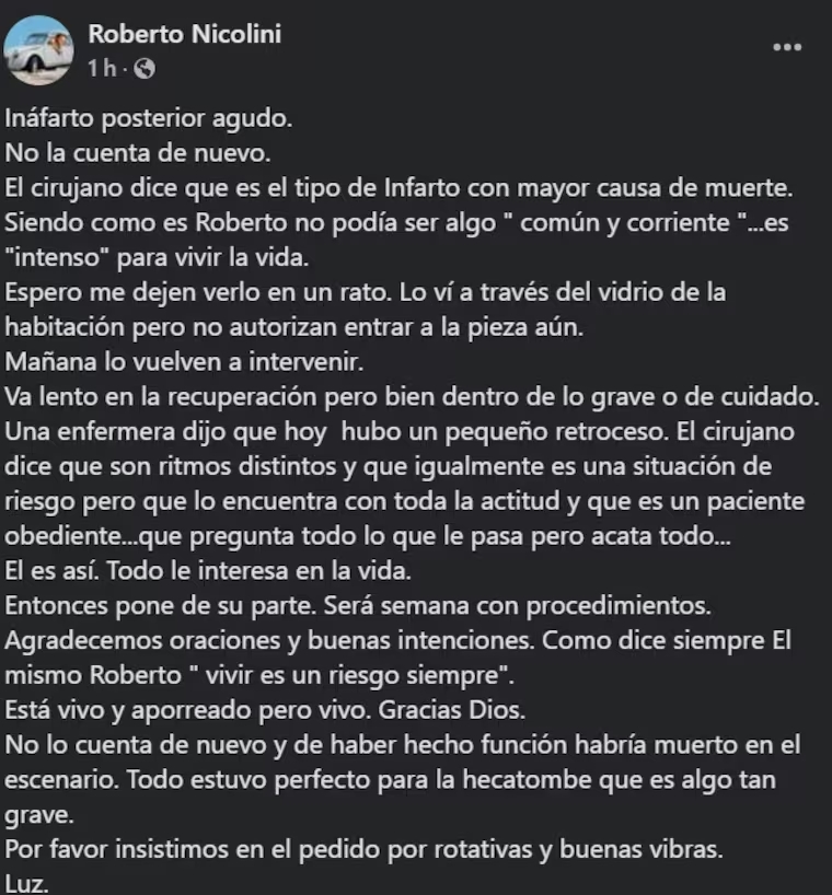 Actualización del estado de salud de Roberto Nicolini - Facebook | Roberto Nicolini