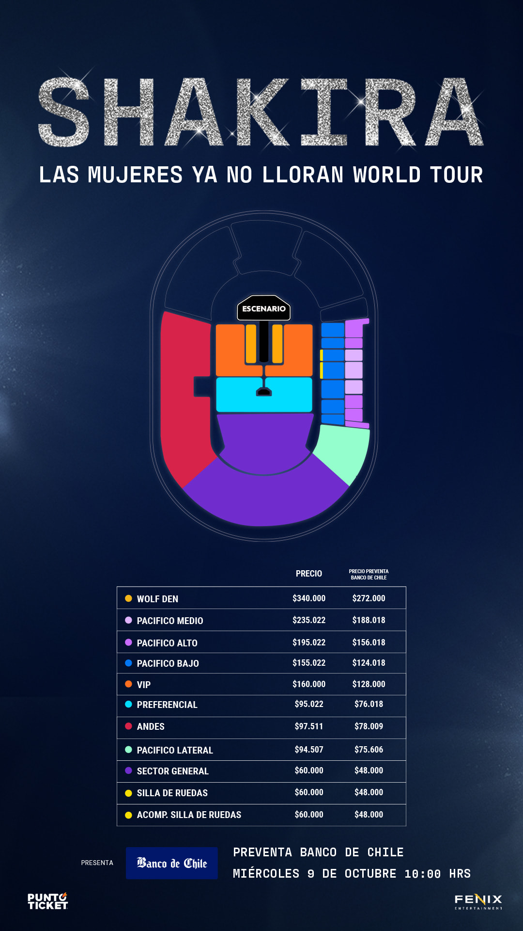 Precios de las entradas para el concierto de Shakira - Fénix Chile 