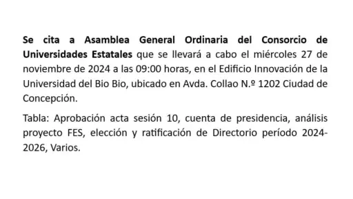 Se cita a Asamblea General Ordinaria de Consorcio de Universidades Estatale, Cedida