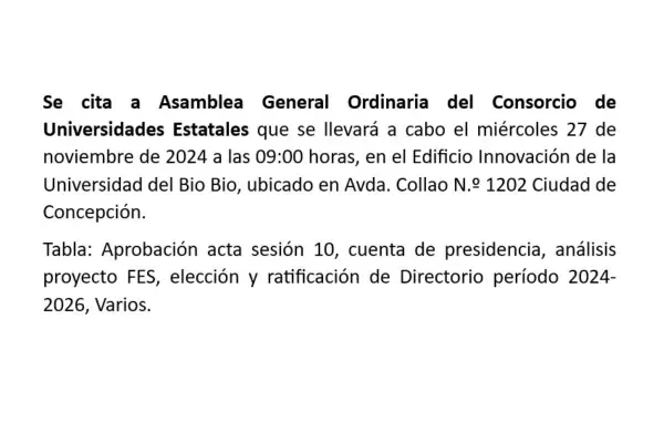 Se cita a Asamblea General Ordinaria de Consorcio de Universidades Estatales ,Cedida