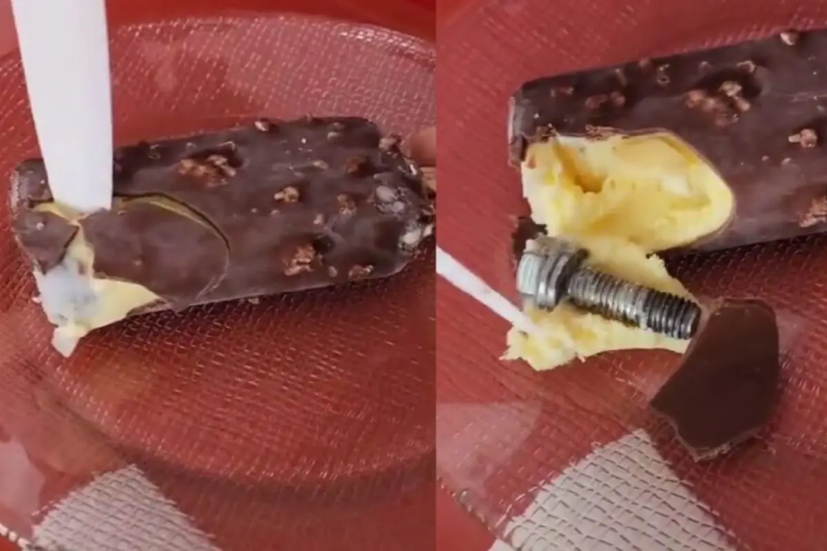 Tornillo fue encontrado al interior de un helado, Captura de redes sociales