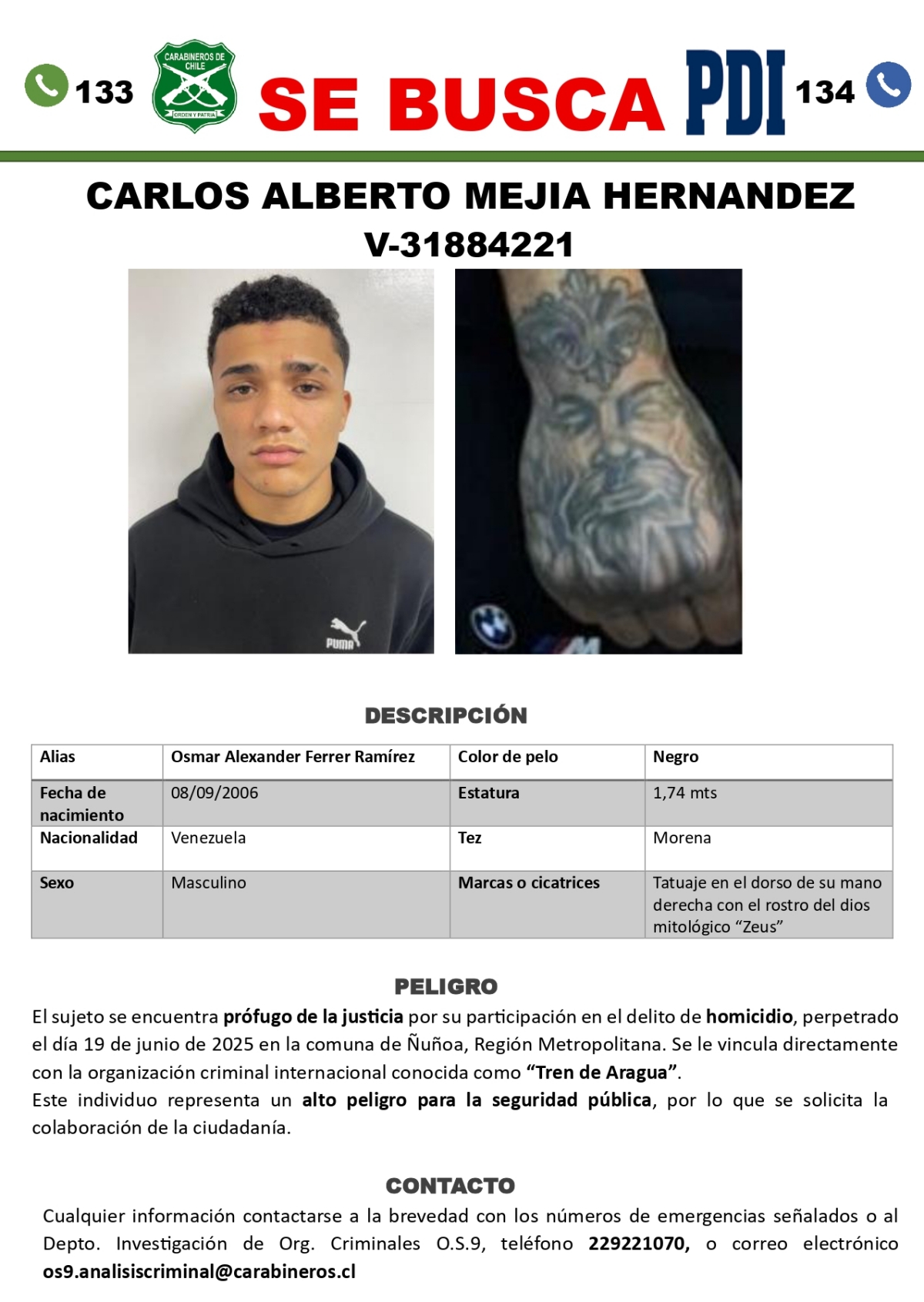 Alerta de búsqueda del sicario prófugo - Carabineros y PDI